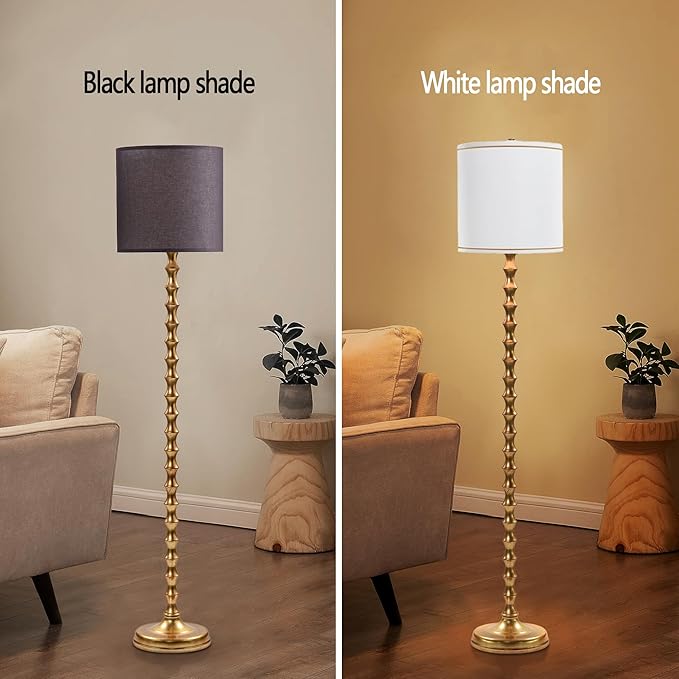 64.5" Tall Floor Lamp, Vintage Gold Finish with White/Black Linen Shade, 3-Level Lighting, Sturdy Base for Living Room, Bedroom, Nursery Decor