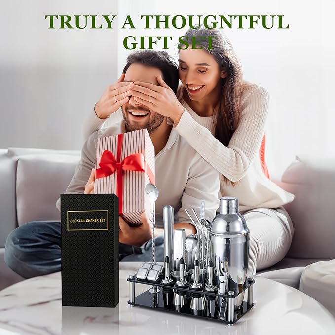 Cocktail Shaker Set, 23-Piece Stainless Steel Bartender Kit with Acrylic Stand & Cocktail Recipes Booklet, Professional Bar Tools for Drink Mixing, Home, Bar, Party (Include 4 Whiskey Stones)