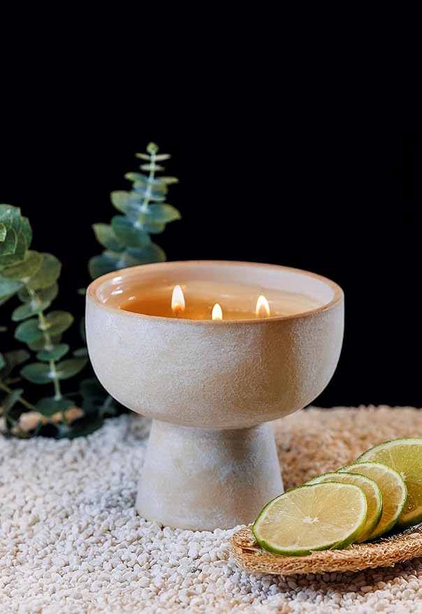 BLUEME Eucalyptus & Lime, Luxury Candle w/Essential Oils, 3 Wick, Hand-Poured Soy, Cotton Wick, Ceramic