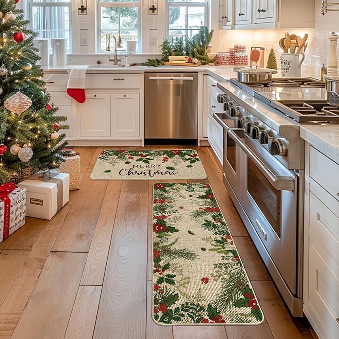 Artoid Mode Leaves Holly Merry Christmas Kitchen Mats Set of 2, Winter Home Decor Low-Profile Kitchen Rugs for Floor - 17x29 and 17x47 Inch