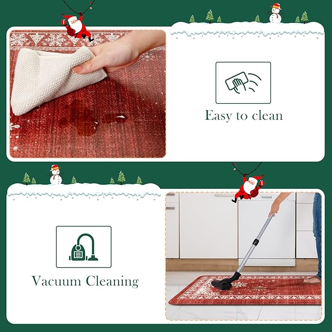 Christmas Kitchen Mats for Floor 2 Piece, Snowflake Kitchen Floor Mats Cushioned Anti Fatigue Kitchen Rugs Non Slip, Bordered Comfort Thick Standing Mat for Home Decor,Sink(Red)