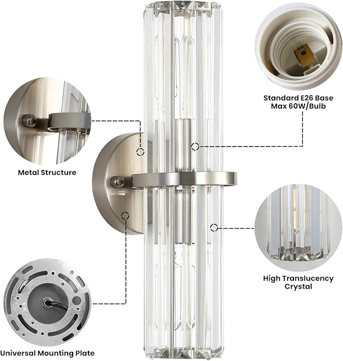 Crystal Wall Sconce Set of 2, Brushed Nickel Luxury Indoor Vanity Wall Lamp, 15.7-Inch Upper and lower illuminated Bathroom Light Fixtures, for Living Room, Bedroom, Bathroom, Hallway, Mirror, E26