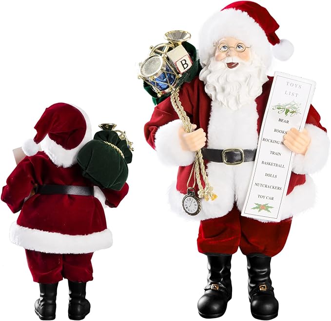 Uten 11" Santa Claus Decorations with Glasses Blessing Letter and Gifts Bag, Christmas Standing Figurine Ornaments for New Year Christmas Decoration Navidad Natal Gifts.