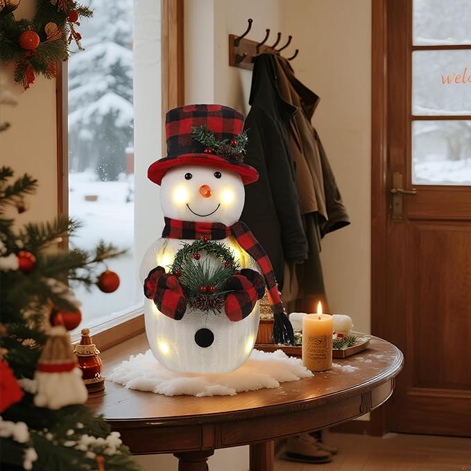 Christmas Lighted Snowman, 12" Snowman with Wreath Christmas Table Decorations, Red Black Plaid Snowman Xmas Decor for Home Kitchen Holiday Party