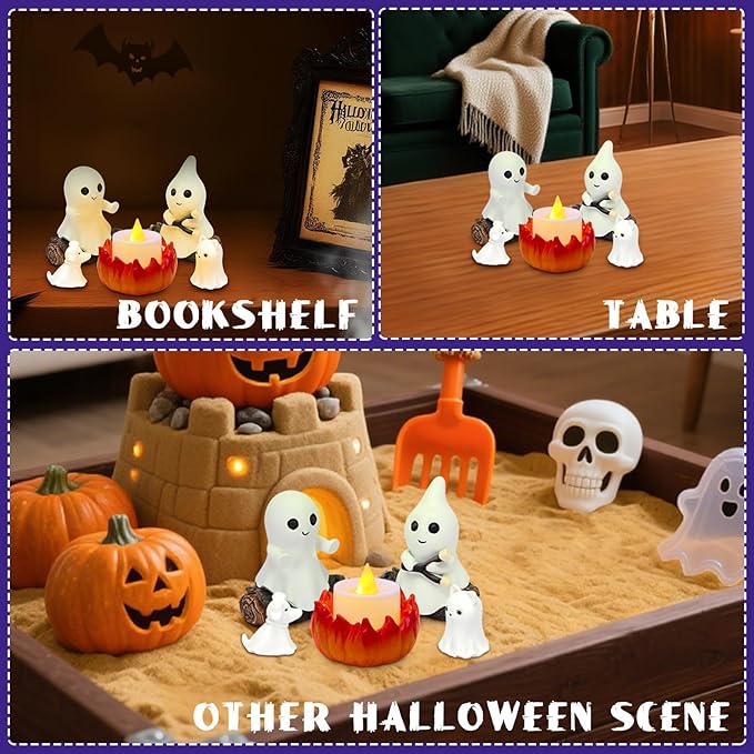 2025 Ghost Campfire Nightlight, Spooky Ghost Halloween Decorations Indoor, Cute Halloween Ghost Figurine, Funny Halloween Decor for Home Mantel Tabletop Party (with Cat and Dog)
