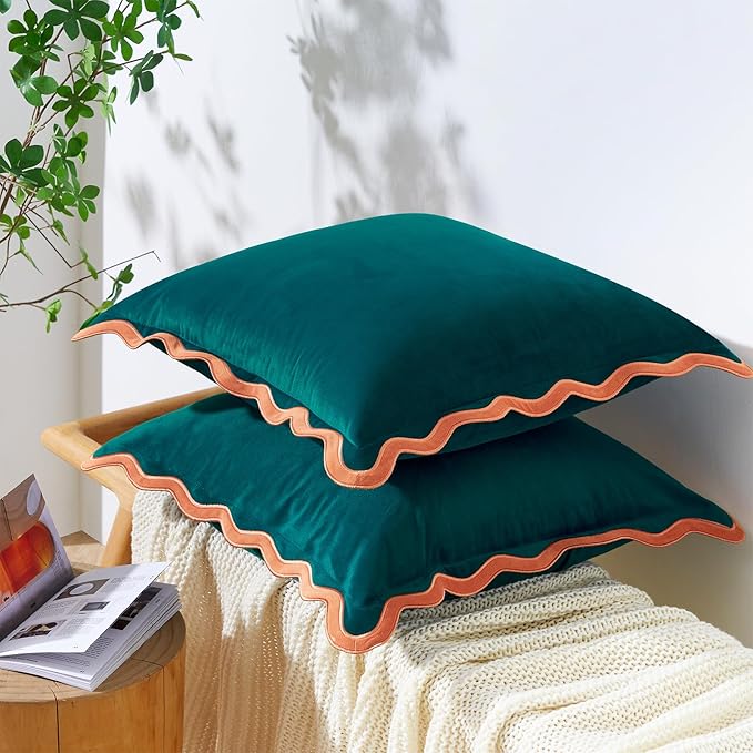 MONDAY MOOSE Decorative Throw Pillow Covers Cushion Cases, Set of 2 Soft Velvet Scalloped Wavy Edge Designs, Mix and Match for Home Decor, Pillow Inserts Not Included (Coral/Dark Teal, 18x18 inch)
