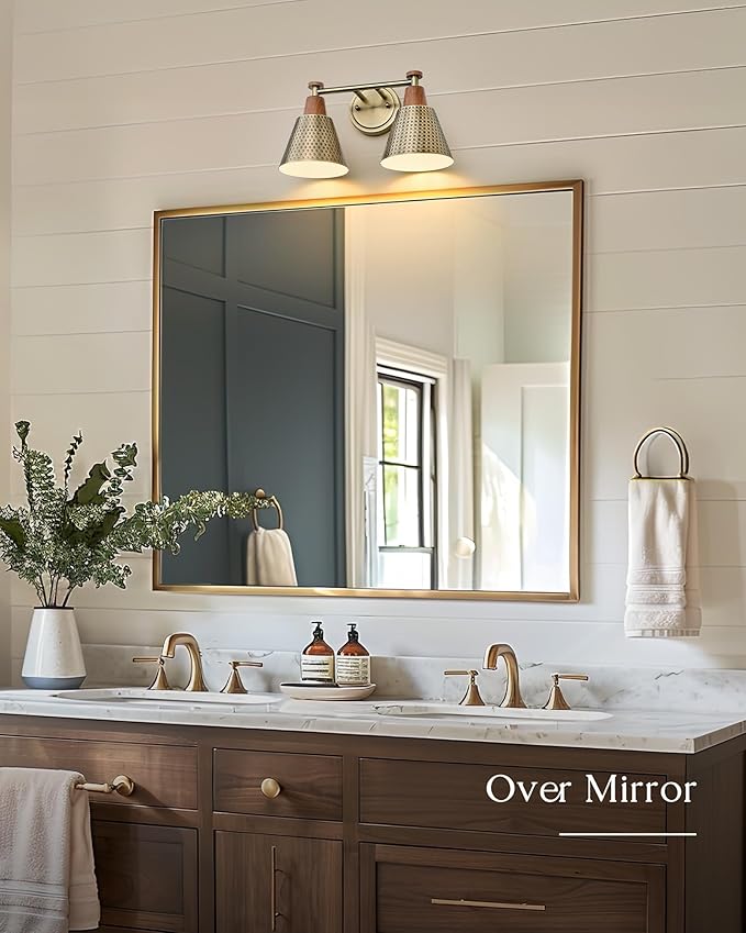 FEMILA 2 Light Bathroom Vanity Light Fixtures Over Mirror, Modern Brass Gold Bathroom Lighting Fixtures with Metal Shades, Woodgrain Finish, 4FG59B-2W BG-NW