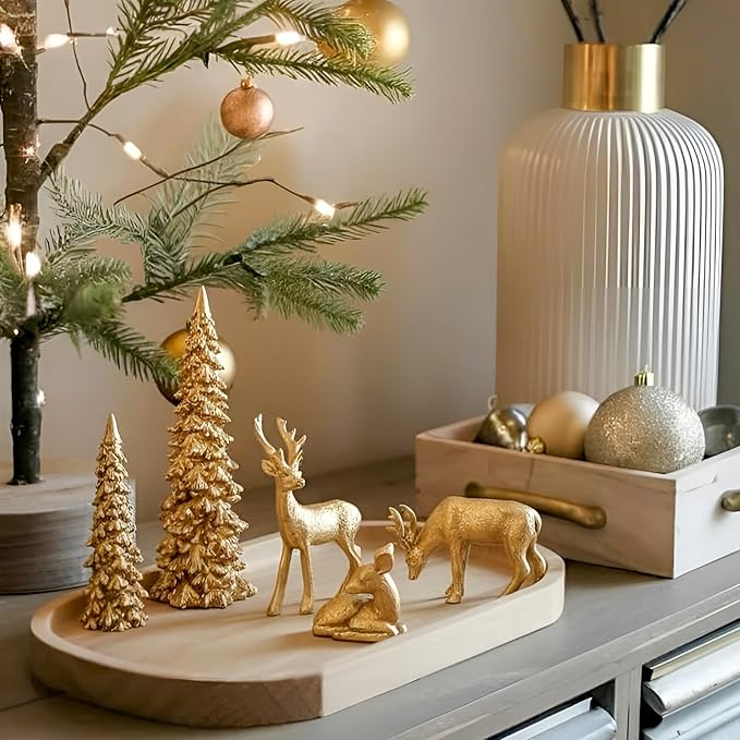 DN DECONATION Christmas Reindeer and Tree Decor – Set of 5 Gold Xmas Reindeer with Christmas Tree Statues – Vintage Resin Woodland Forest Animals Deers for Table Mantle, Indoor Winter Decor