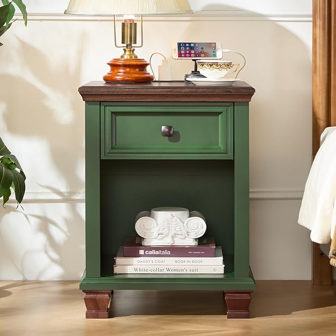 Farmhouse End Tables Living Room Set of 2, Rustic Wood Nightstand with 1 Drawer, Bedside Table with Open Shelf for Bed Room, Side Table for Living Room, Green