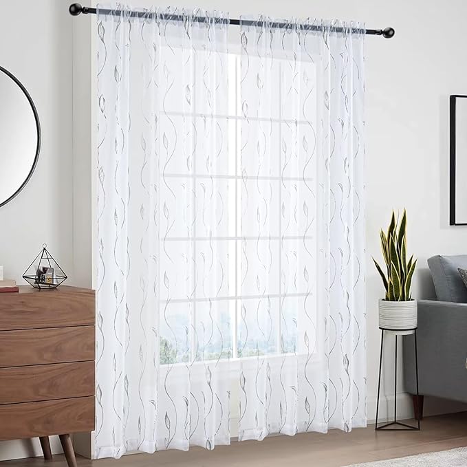 Silver Foil Print Sheer Curtains 84 inches Long, 2 Panels Ginkgo Bronzing Treatment Sheer Curtain, Rod Pocket Window Treatment Panels for Bedroom Living Room