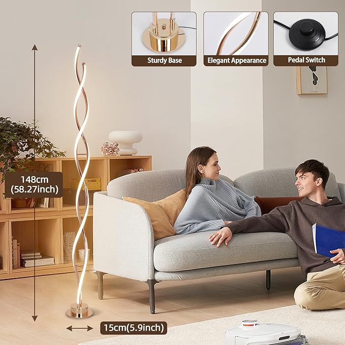 ADISUN 31W Modern Floor Lamp, LED Spiral Floor Lamp for Living Room, 3-Color Dimmable Standing Floor Lamps with Remote Control, 58" Tall Lamp for Bedroom Office Dining Room (Gold)
