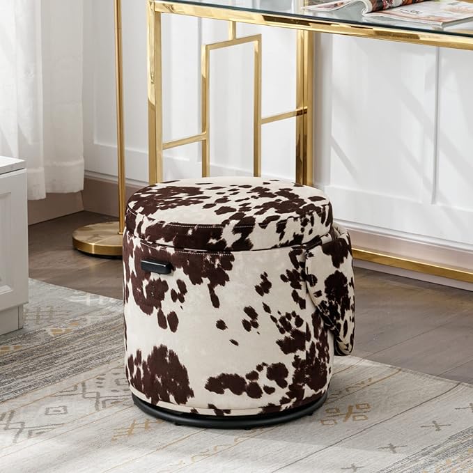 LukeAlon Linen Makeup Ottoman with Storage, Upholstered 360° Swivel Vanity Stool with Foldable Backrest Modern Cylindrical Footrest Stool for Living Room Bedroom, Cow Print