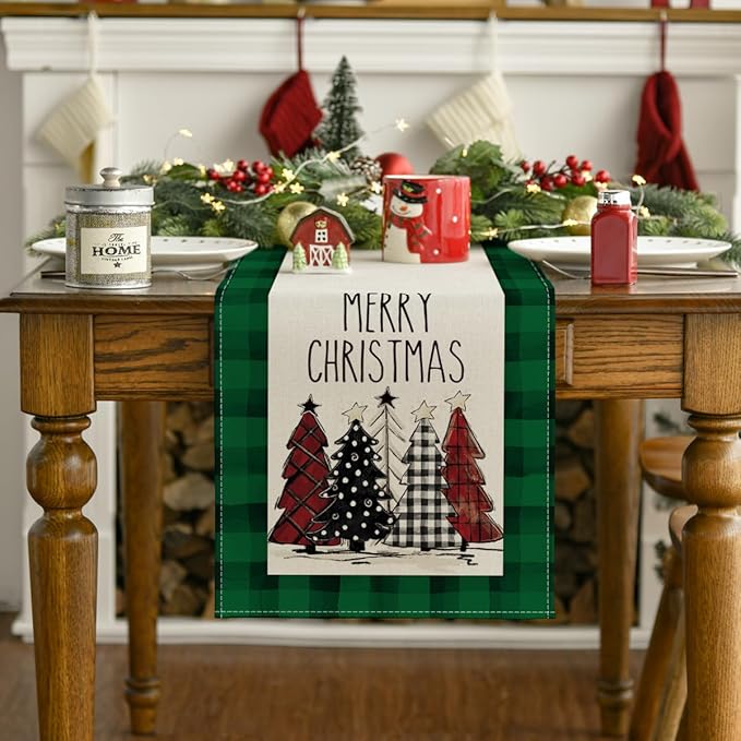 Artoid Mode Watercolor Green and Black Buffalo Plaid Christmas Trees Merry Xmas Table Runner, Seasonal Winter Holiday Kitchen Dining Table Decoration for Indoor Outdoor Home Party Decor 13 x 72 Inch