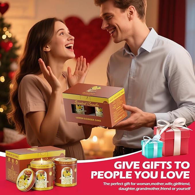 Lemon Ginger Cake Scented Candles Set | 2Pack 18OZ 8% Essential Oils 80H Burn Time | Clean Burning Smokeless for Aromatherapy Tin Jar Soy Wax Candle, Meditation, Yoga, Spa Gift Set for Men&Women