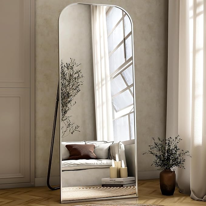 56x21 Inch Full Length Mirror - Large Floor Standing & Wall Mountable Full Body Mirror with Sturdy Aluminum Frame, Arched Top Design, Freestanding or Hanging for Bedroom, Living Room, Cloakroom,Silver
