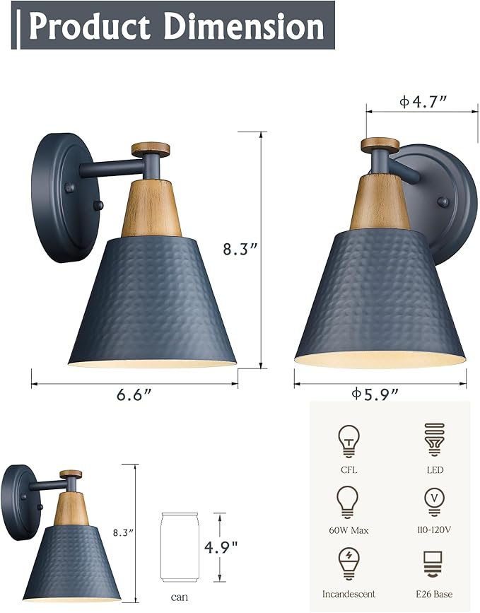 FEMILA Modern Wall Sconces Set of 2, 1-Light Wall Lighting Bathroom Sconces Single Vanity Light, Hammered Metal Shade, Dark Blue,4FG59B-2 Blue