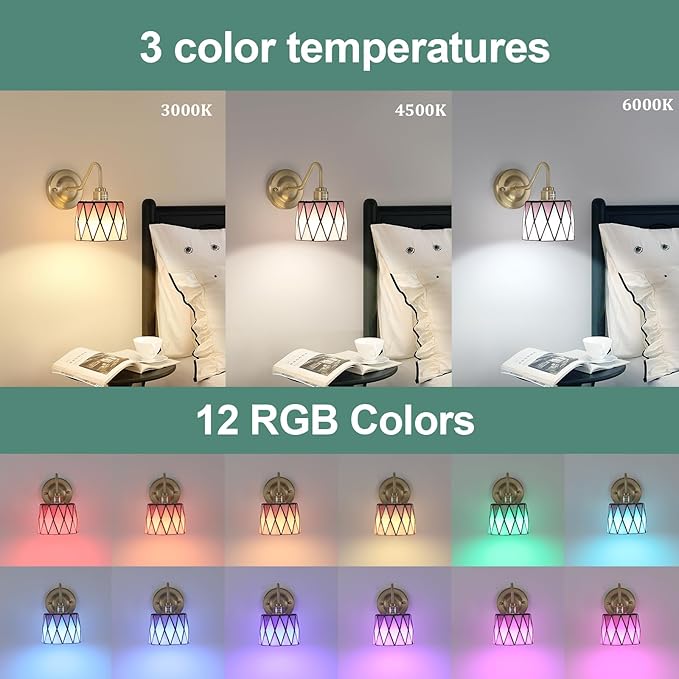 Vintage Battery Operated Wall Sconce Set of 2, 5000mAh Rechargeable Wall Lamp 12 RGB Colors Dimmable, Gold Lights Fixture for Bedroom Bathroom Living Room Hallway Pink Checker