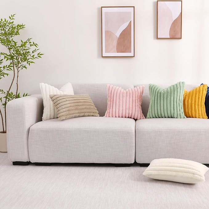 decorUhome Faux Fur Throw Pillow Covers 24x24 Set of 2, Decorative Soft Plush Striped Neutral Couch Euro Pillow Covers with Velvet Back for Sofa, Bed, Living Room Home Decor, Mustard Yellow