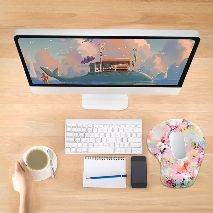 Hsurbtra Ergonomic Mouse Pad with Wrist Rest Support, Gel Mouse Pads with Non-Slip PU Base, Pain Relief Memory Foam Computer Mat, Cute Office Supplies Desk Decro Accessories, Pink Flower