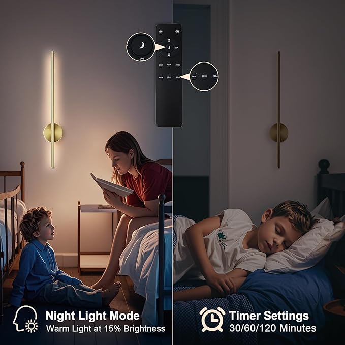 Battery Operated Modern Wall Sconces, Dimmable Wireless Wall Light Set of Two with Remote Control, 3 Color Temperatures, Rechargeable LED Wall Sconce for Bedroom, Living Room, Hallway, 27.6 Inch Brass