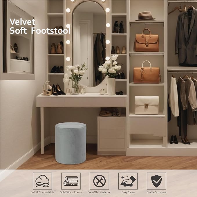 Get Set Style Modern Round Ottoman with Soft Padded Seat, Multifunctional Vanity Stool for Makeup, Upholstered Footrest Stool Ottoman Foot Stool for Living Room, Bedroom
