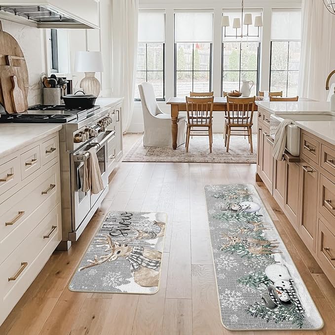 Artoid Mode Xmas Trees Deer Snowflakes Christmas Kitchen Mats Set of 2, Winter Home Decor Low-Profile Kitchen Rugs for Floor - 17x29 and 17x59 Inch