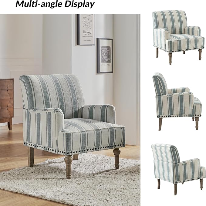 HULALA HOME Modern Armchairs Set of 2 with Wooden Legs & Nailhead Trim, Comfortable Upholstered Accent Chairs for Living Room Bedroom(Stripe Pattern, Blue)