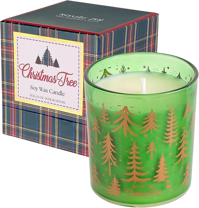 ROMIIE ZOI Christmas Scented Candle - 6oz Soy Wax Candle, Christmas Tree, Infused with Fresh-Cut Spruce Branches Aroma - Scottish Plaid Green and Red Gift Box for Holiday Season Gift