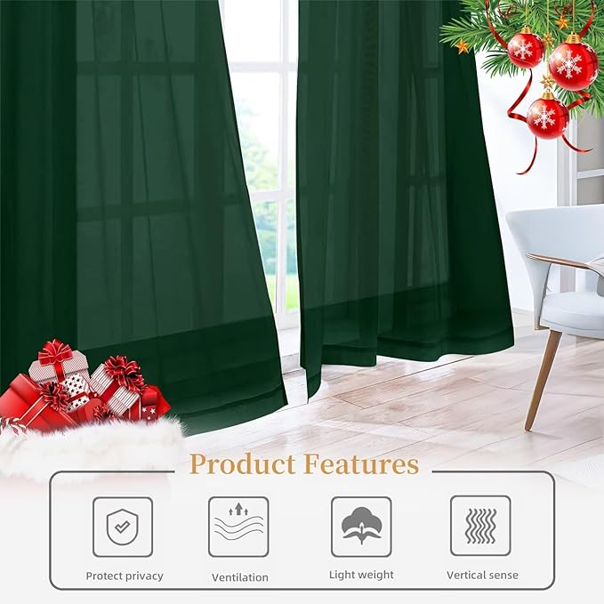 Sheer Curtains 54 Inches Long 2 Panels, Rod Pocket Short Curtain for Kitchen, Bedroom, Cafe Window(Foliage Green 38" W x 54" L)