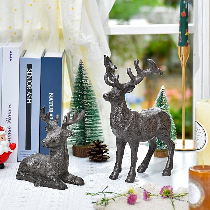 Sungmor Cast Iron Deer Statue, Christmas Reindeer Figurine, Rustic Brown Heavy Standing Elk Vintage Home Decor Sculpture, Indoor Outdoor Shelf Tabletop Holiday Decorations