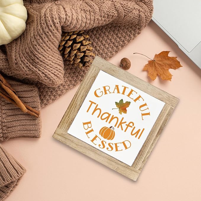 Pumpkin Decors, Grateful Thankful Blessed Signs, Thanksgiving Decors Art, Autumn Home Office Decor, Farmhouse Table Shelf Decoration, Box Sign Wood Desk Sign Decor 5.9X5.9X0.7inches