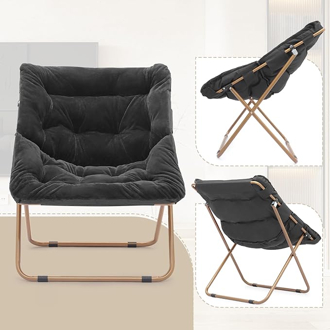 Athena Collection Saucer Chair for Adult, Square Comfy Cozy Chair Folding Chair Faux Fur Metal Frame Foldable Reading Chair Accent Chair for Bed Room Living Room Set of 2, Black