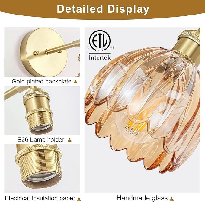 Vintage Wall Sconces Set of Two,Hardwired Wall Lights with Amber Tulip Glass Lampshade,Gold Wall Lamps for Bedroom Bedside Stairway Bathroom Living Room(Bulbs Not Included)