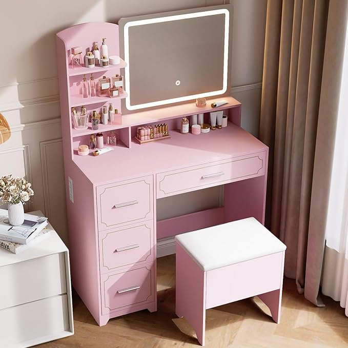 Vanity Table with LED Mirror & Power Outlet - 5 Open Shelves, 4 Drawers - Includes Padded Stool - Ideal Bedroom Makeup Dressing Table (Pink)