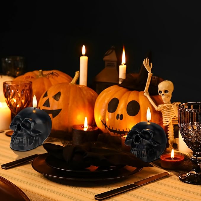 Halloween Flameless Candles with Remote, Real Wax Skull Battery Operated Candles, Flickering LED Fake Candle, Halloween Decorations for Table, Fireplace, Home, Party, Festival Decor