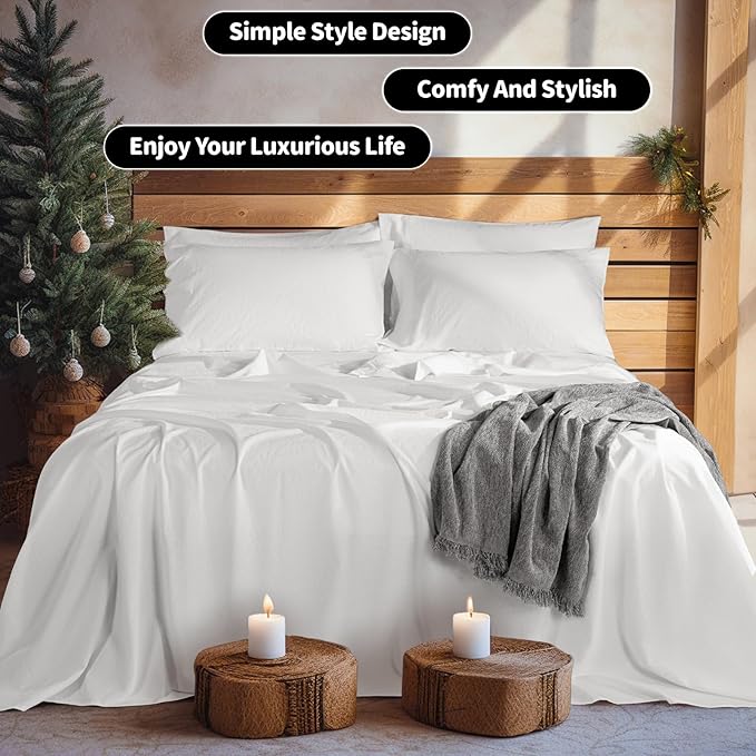 LBRO2M 100% Linen Sheet Set Queen Size, Bed Sheets 6 Piece Sets,Solid Color Natural Flax Bed Sheets Soft Breathable Bedding,16" Deep Pocket,All Season (Queen, White)