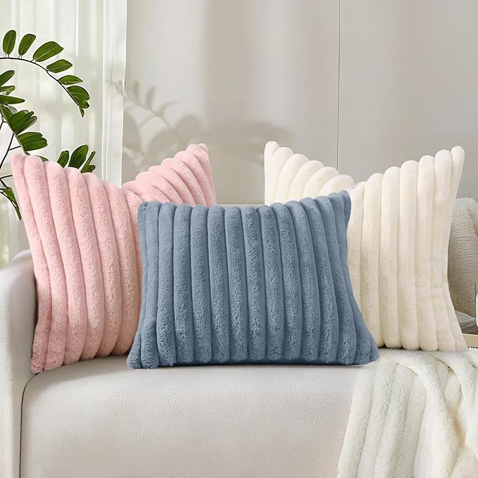 decorUhome Faux Fur Throw Pillow Covers 26x26 Set of 2, Decorative Soft Plush Striped Neutral Couch Euro Pillow Covers with Velvet Back for Sofa, Bed, Living Room Home Decor, Grey Blue
