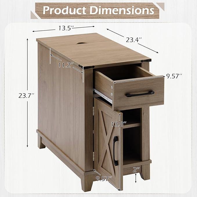 EROMMY Farmhouse End Table with Charging Station, Narrow Side Table for Living Room, Nightstand with Drawer and Storage Cabinet, Adjustable Shelf, Gray