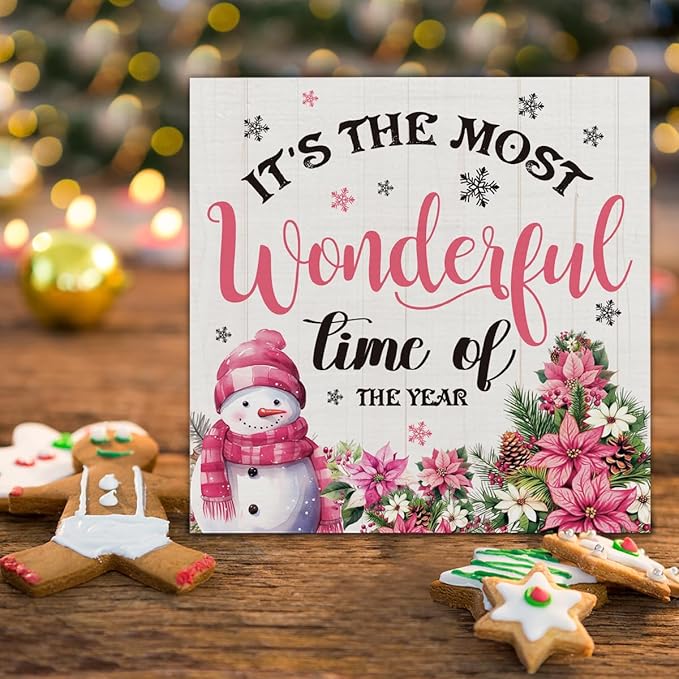 Indoor Christmas Decorations, It's the Most Wonderful Time of the Year Wooden Sign, Snowman Wooden Block Sign, Farmhouse Christmas Decor for Table Shelf 5 x 5 Inch