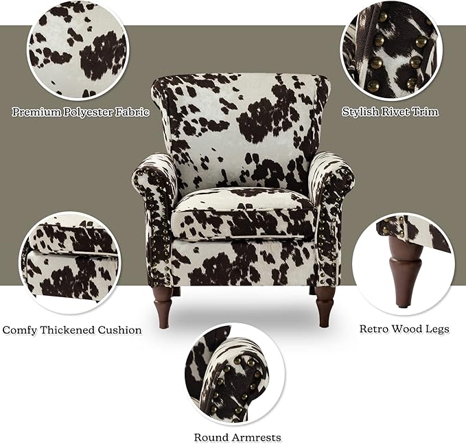 HULALA HOME Modern Wingback Accent Chair with Removable Cushion & Wood Legs, Comfy Upholstered Armchair with Nailhead Trim, Floral Pattern Single Sofa Chair for Bedroom Living Room, Cowhide