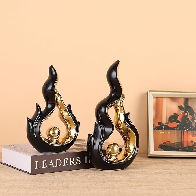 2 Pcs Black and Gold Ceramic Sculptures for Home Decor, Modern Abstract Art Statues, Centerpieces for Dining Room Table, Living Room, Shelf, Mantel, Coffee Table, Entryway Accent Decorations