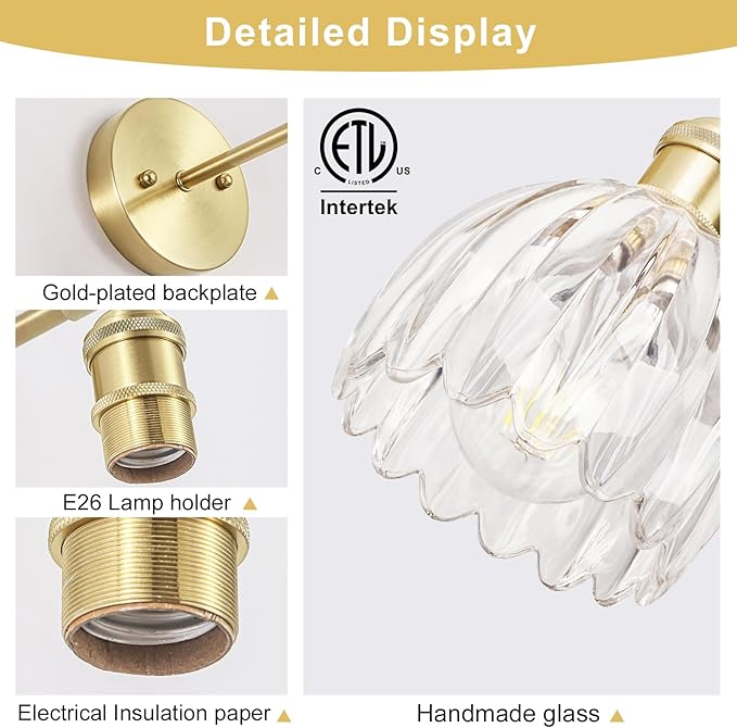 Vintage Wall Sconces Set of Two,Hardwired Wall Lights with Clear Tulip Glass Lampshade,Gold Wall Lamps for Bedroom Bedside Stairway Bathroom Living Room(Bulbs Not Included)
