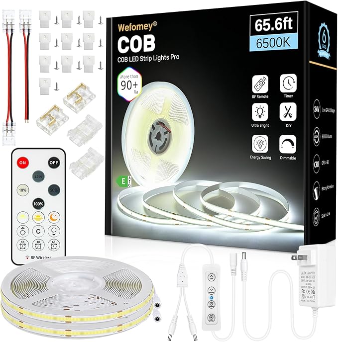 COB LED Strip Light with Remote, 65.6ft Dimmable 6500K Super Bright Daylight White Led Lights Strip, 24V Flexible LED Tape Light for Bedroom, Kitchen, DIY Lighting (2 Rolls of 32.8ft)