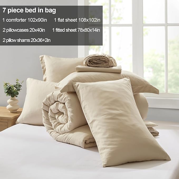 Homelike Moment King Size Comforter Set 7 Piece, Beige Bed in a Bag King Size Bed Set Lightweight and Machine Washable