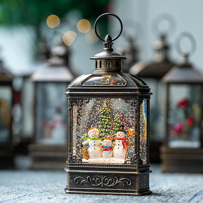 Christmas Snow Globe Lantern Lighted Snowman Family Musical Water Globe with Swirling Glitter, Christmas Holiday Party Gifts and Decorations