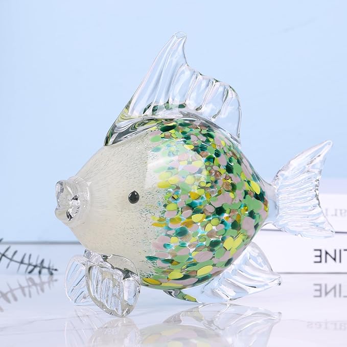 9.4 in Blown Colored Glass Fish Statue, Green Glass Fish Paperweight Sculpture for Modern Home Decor, Living Room Coffee Table, Office Desk, Dining Table Centerpiece, and Window Display (D)