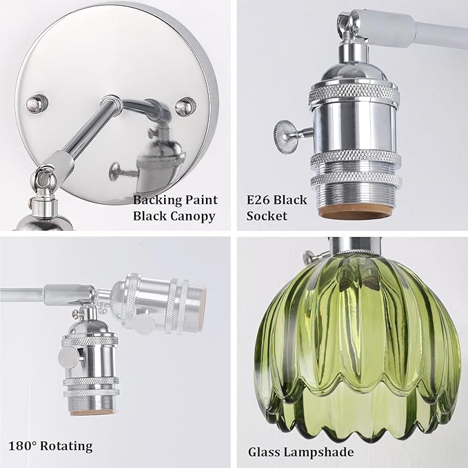 Battery Operated Wall Sconce with Cute Green Tulip Glass Lampshade Rechargeable Wireless Wall Light with Remote Control for Bedside Bedroom Doorway, Silver, Set of 2