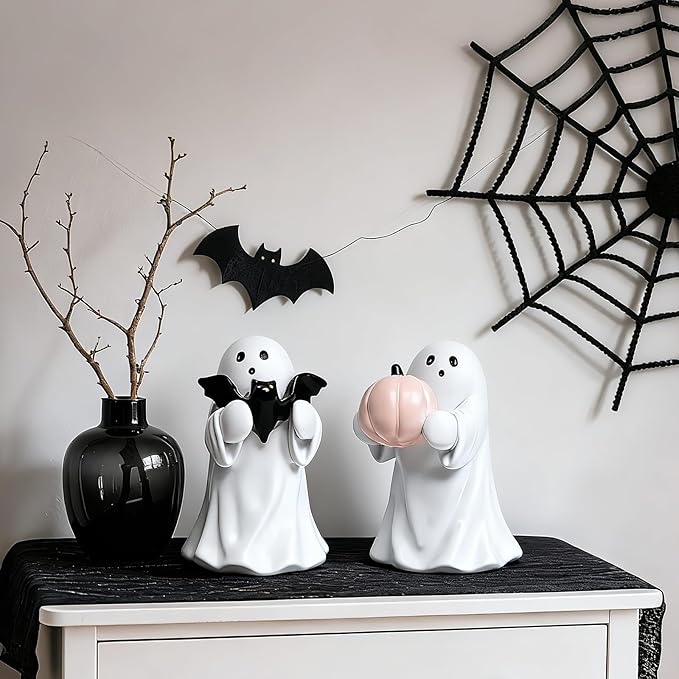 2Packs Halloween Ghost Figurine Decor,Cute Hallowen Statue for Home Decorative, Funny Spooky Hugging Pumpkins & Bats Figurine Hallowee Decor for Desk Office Table Centerpieces Ornament