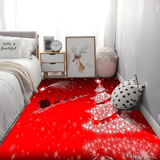 kxry Area Rugs 6X9 Feet, Merry Christmas Soft Machine Washable Area Rugs Santa Claus Deer Xmas Tree Galaxy Red Non Slip Foldable Floor Carpet for Living Room Bedroom Dining Room Dorms