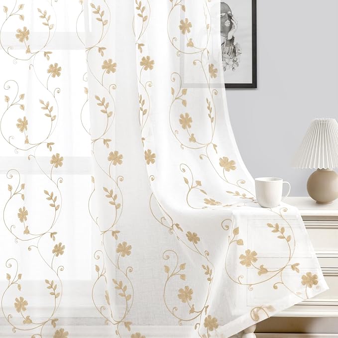 HOMEIDEAS Yellow Sheer Curtains 96 Inches Long 2 Panels Yellow and White Embroidered Floral Pattern Semi Sheer Window Curtains for Bedroom Living Room